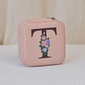 Pink PU jewelry box with floral letter T print and zipper for rings and earrings - Print T