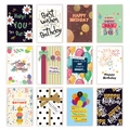 Set of 12 cute cartoon puppy birthday cards with assorted colorful designs and greetings - Birthday Elements Grid Style (S632)