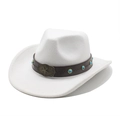 Detail of white wool cowboy hat with leather band, turquoise studs and bronze star buckle - M(56-58cm) / White