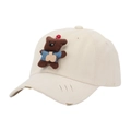 Detailed close-up of beige distressed baseball cap with cute 3D brown bear patch decoration - One Size / Off White
