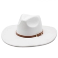 Detailed view of white faux suede fedora hat with brown leather band and gold buckle - M(56-59CM) / White