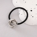 Minimalist black elastic hair tie with a decorative silver multi-loop metal knot - Silver Triple Interlocking Rings