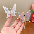 Silver and gold butterfly hair clips with delicate pearl tassels and floral accents - Silver Butterfly + Purple Butterfly