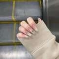 Retro punk style coffin nails with silver metallic crosses and gradient base design - Handmade Long Coffin Cross Style