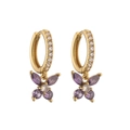 Macro detail of gold-plated butterfly earrings with purple marquise cut crystals - Gold Purple Zirconia