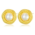 Elegant round white pearl stud earrings with a textured golden rope frame design - Pearl Rope Weave Border