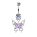 Silver belly ring featuring a large clear zircon and a shimmering purple butterfly pendant - Silver Magic Purple Butterfly (24040901-7)