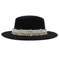 Detailed view of large white pearls on a vintage black wool felt boater hat - M (56-58cm) / Black (Large Beads)