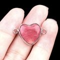 Pink heart semi-precious stone connector with silver bezel and dual attachment loops - Rhodochrosite Double Hole (Silver)