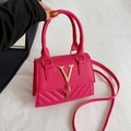 Rose red square handbag with quilted diamond pattern and golden V-shaped metal tassel - Rose Red