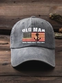Macro view of vintage washed grey baseball cap with OLDMAN text and anchor flag design - One Size / Gray