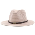 Unisex summer straw fedora hat in beige with vintage bull head buckle and brown band - Nude Pink