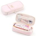 Pink telescopic canvas pen case with high capacity multi-layer zipper storage pockets - Diagonal Pink