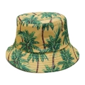 Detail of yellow bucket hat with tropical palm tree print and reinforced brim stitching - M (56-58cm) / Yellow