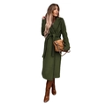 Women's dark green long wool trench coat with waist tie and lapel collar design - Army Green