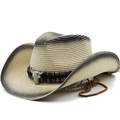 Western straw cowboy hat with ethnic band, bull skull metal decor and gradient brim - M (56-58cm) / Rice Black