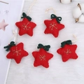 Set of five red wool felt star ornaments with gold snowflake embroidery and green bows - Red Star / Red