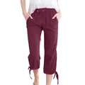 Detail of burgundy linen cropped pants featuring drawstring waist and bow-knot cuffs - S / Burgundy
