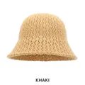 Minimalist hollow knit bucket hat in khaki color featuring breathable mesh texture - M (54-58cm) / Khaki