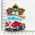Australian souvenir resin fridge magnet with vintage red surf van and city road signs - Campervan Road Sign