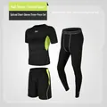 Completo sportivo da uomo 3 pezzi con leggings compressivi e maglia con dettagli verdi - Taglia S / Set da 3 Pezzi Pantaloni Aderenti Patchwork (Sopra e Sotto) / Verde fluorescente