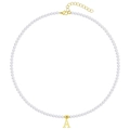 Minimalist pearl necklace featuring a golden metal letter A pendant and lobster clasp - Letter A