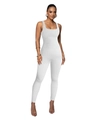 Macro detail of white ribbed texture on the elastic sleeveless square neck yoga bodysuit - White