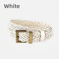 Handwoven white minimalist belt for women featuring a vintage bronze metal square buckle - White