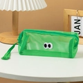 Detail of green mesh pencil case with cute eye embroidery and portable carrying handle - Green