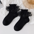 Girls black cotton lolita socks with elegant double-layered lace trim and knit texture - Black