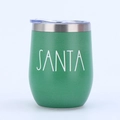 Close-up of green 12oz stainless steel egg tumbler with Santa print and clear lid - Style 15 / 12oz