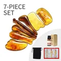 7-piece amber resin massage set with oil, bag and acupoint chart for face and head - Massage Tool Set + Velvet Bag + Chart + Essential Oil / Amber