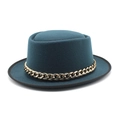 Women's dark teal wool felt flat top fedora hat with stylish thick gold chain trim - M (56-58cm) / Teal