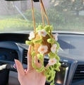Handmade crochet potted plant mirror hanging with white flowers and green vines - Khaki Basket + White Five-Petal Flower