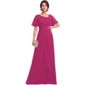 Elegant rose red chiffon evening gown with butterfly sleeves and rhinestone waist pin - US size 2 / Top And Bottom / Rose Red
