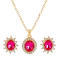 Three-piece jewelry set with rose red gemstones and gold plating on white background - Rose Red Oval Halo Gemstone Set (06 Rose Gold# Rose Red M-149)