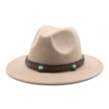 Chapeau fedora en laine beige élégant avec bande en cuir sertie de turquoises - Gris Violet Clair