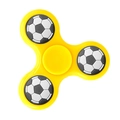 Three-leaf yellow fidget spinner featuring black and white soccer ball weights on white background - Classic Yellow Soccer Pattern