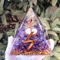 8cm Orgone Pyramid with Amethyst, Peridot Tree of Life and Golden Lightning symbol - 8cm / Peridot Tree Amethyst Base