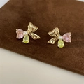 Elegant gold bow earrings with pink heart and yellow pear zircons plus a small pearl - Bowknot Stud Earrings Gold