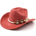 Detail of red suede cowboy hat featuring white rope trim with wood beads and seashells - M (56-58cm) / Brick Red