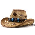 Detail of hollow straw weave cowboy hat with turquoise stone and wooden bead band - Khaki Coffee
