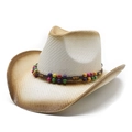 Western straw cowboy hat with pink accents and colorful wooden beads on woven band - M (56-58cm) / Creamy White & Coffee