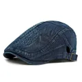 Retro dark blue denim flat cap with grid stitching and vintage metal side buckles - Adjustable / Dark Blue