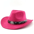Detail of fuchsia western cowboy hat featuring a silver lion badge and leather studded band - M (56-58cm) / Rose Red