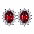 Elegant oval red ruby earrings in silver finish with white zircon halo accents - Red Diamond Earrings Tz-18