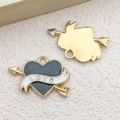 Golden heart arrow pendant with blue enamel and Love banner, front and back view - 1Pc Black Heart Arrow Cupid Charm 21x15mm