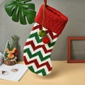 Knitted Christmas stocking with red and green zig-zag pattern and fuzzy pom-poms decor - M1-5 Large Knitted Green/Red/White Stripes Stocking (41*19*21cm)