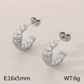 Silver C-shaped stainless steel earrings with sparkling white rhinestones, 16x5mm size - Style C Silver (KE115280-KFC)