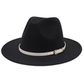 Detailed view of the black fedora hat with a contrasting white leather strap and buckle - M (56-58cm) / Black (White Belt)